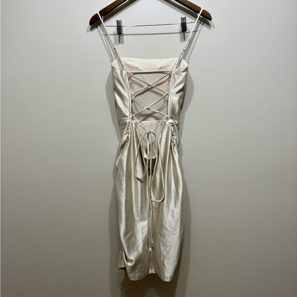 Next Up Lace Up Back Ruched Mini Dress Gold Shimmer Formal Size Medium - Picture 6 of 12